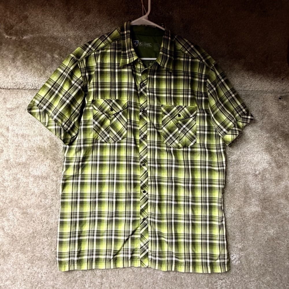 Kuhl Eluxur Technical Hiking Shirt Men Large Green Plaid Short Sleeve Snap Front